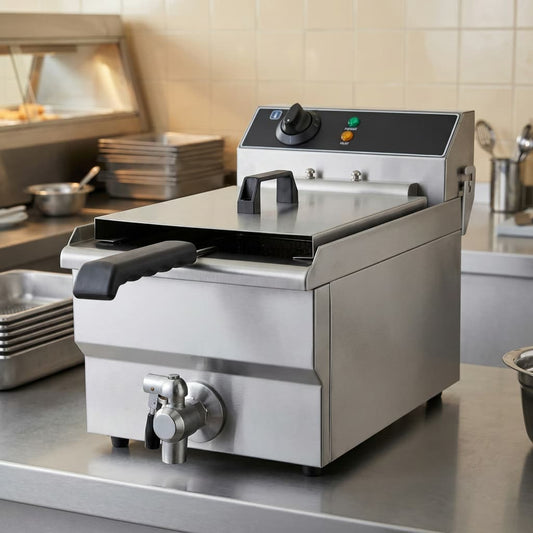 Contender 520mm Single Tank Electric Fryer – 13L Countertop Commercial Fryer with Drain Tap