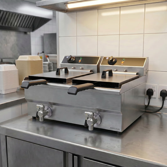Contender 600mm Twin Tank Electric Fryer – Dual 12L Countertop Fryer with Drain Taps
