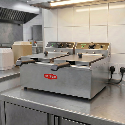Contender 416mm Twin Tank Electric Fryer – 2 x 9L Countertop Commercial Fryer