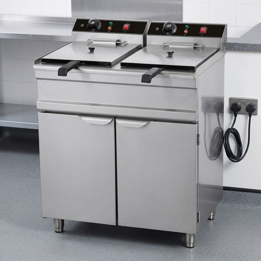 Contender 530mm Twin Tank Electric Fryer – Dual 16L Floor Standing Commercial Fryer