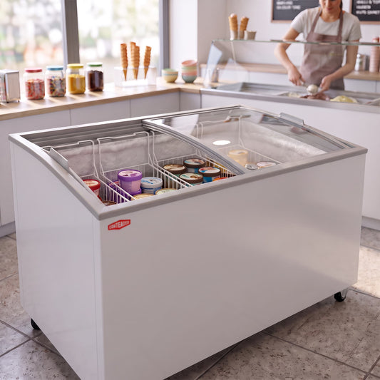 Contender 482L Ice Cream Freezer – Curved Sliding Glass Lid for Display & Easy Access