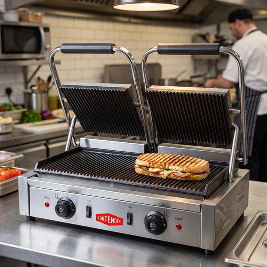 Contender 395mm Twin Panini Press (Ribbed Top & Bottom Plates) – High-Capacity Grilling & Fast Service