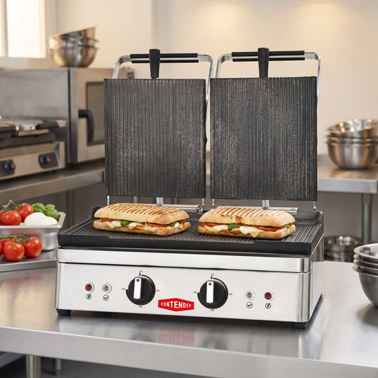 Contender 500mm Double Panini Press (Ribbed Top & Flat Base) – Professional Finishing & Fast Service