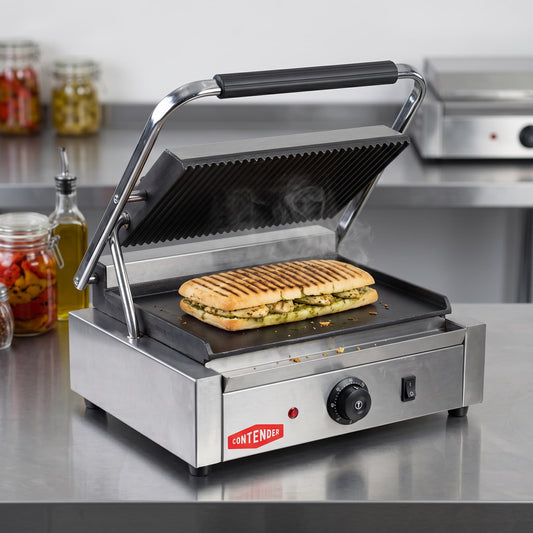 Contender 395mm Single Panini Press (Ribbed Top & Flat Base) – Versatile Grilling & Fast Service