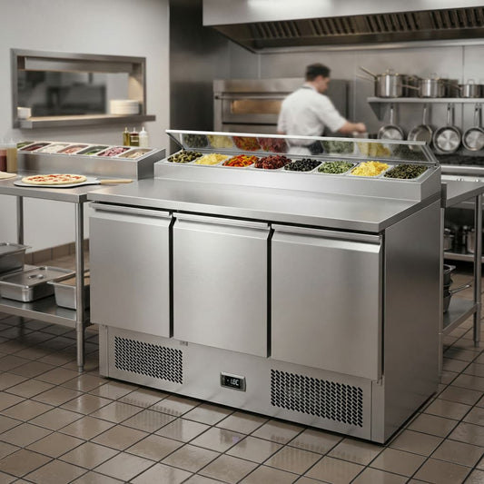 Contender 3 Door Refrigerated Prep Counter (8 × 1/6 GN) – Efficient Food Prep & Chilled Storage