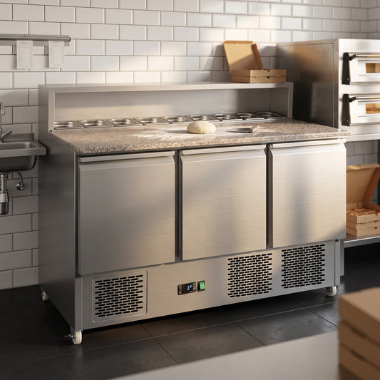 Contender 3 Door Refrigerated Pizza & Sandwich Prep Counter (8 × 1/6 GN) – Efficient Food Prep & Chilled Storage