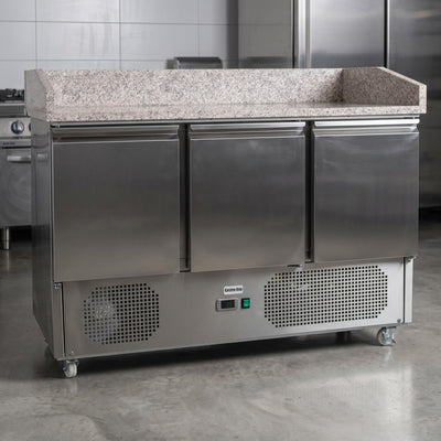 Contender 3 Door Refrigerated Prep Counter (Granite Top) – Premium Pizza Prep & Chilled Storage