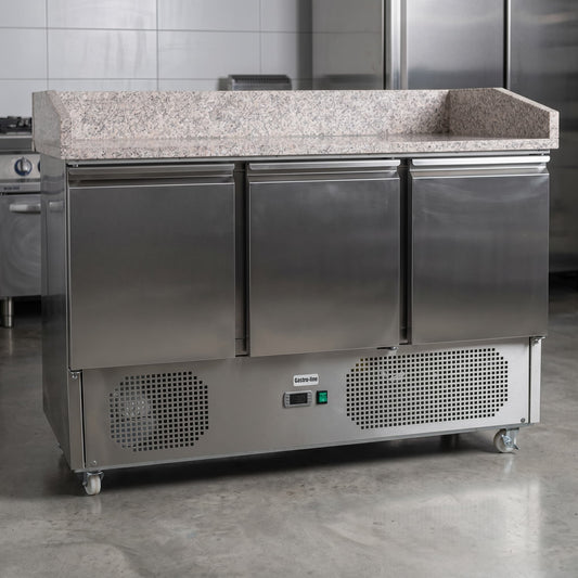 Contender 3 Door Refrigerated Prep Counter (Granite Top) – Premium Pizza Prep & Chilled Storage