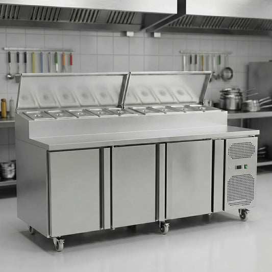 Contender 3 Door Refrigerated Prep Counter (10 × 1/4 GN) – High-Volume Food Prep & Chilled Storage