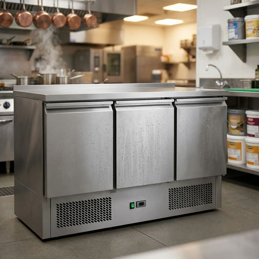 Contender 3 Door Refrigerated Prep Counter (Stainless Steel Top) – Efficient Food Prep & Chilled Storage