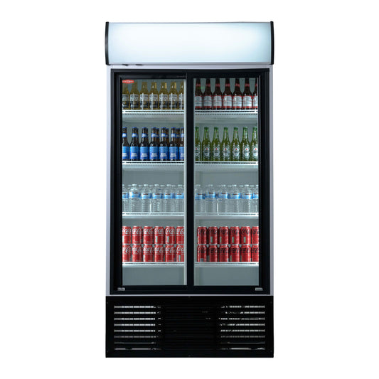Contender Double Glass Door Display Fridge, 851L, Sliding Doors & Canopy – Large Format Chilled Visibility