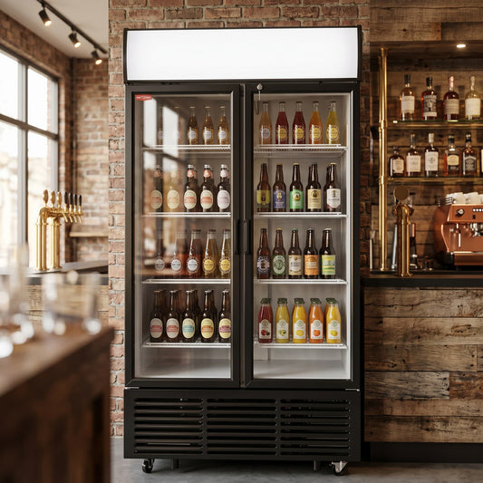 Contender 1045L Double Glass Door Display Fridge (Hinged) – High Capacity Chilled Visibility