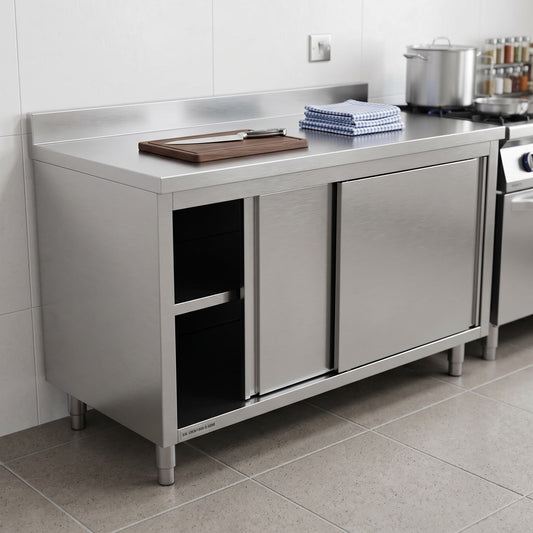 Quattro 1200mm Stainless Steel Floor Cupboard (Sliding Doors, Rear Upstand) – Hygienic Kitchen Storage