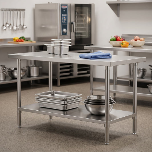 Quattro Stainless Steel Centre Table, 1800mm, Adjustable Undershelf – Heavy-Duty Central Prep Surface