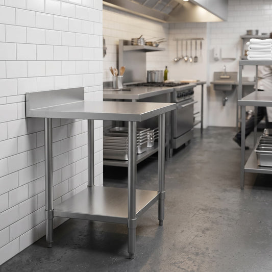 Quattro Stainless Steel Wall Table, 600mm, Upstand & Undershelf – Compact Wall-Mounted Prep