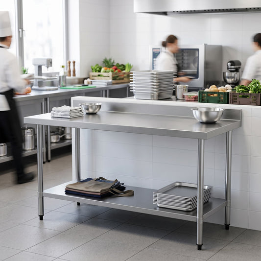 Quattro Stainless Steel Wall Table, 900mm, Upstand & Undershelf – Neat Wall-Mounted Prep Space