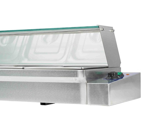 Quattro Bain Marie Heated Display Unit. 5 x 1-2 GN Pans & Lids With Glass Surround