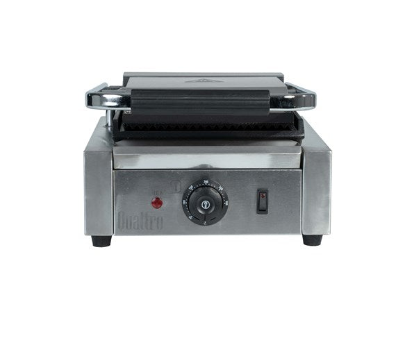 Quattro Heavy Duty Single Panini Contact Grill Ribbed Top and Flat Bottom Plates