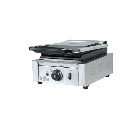 Quattro Heavy Duty Single Panini Contact Grill Ribbed Top and Flat Bottom Plates