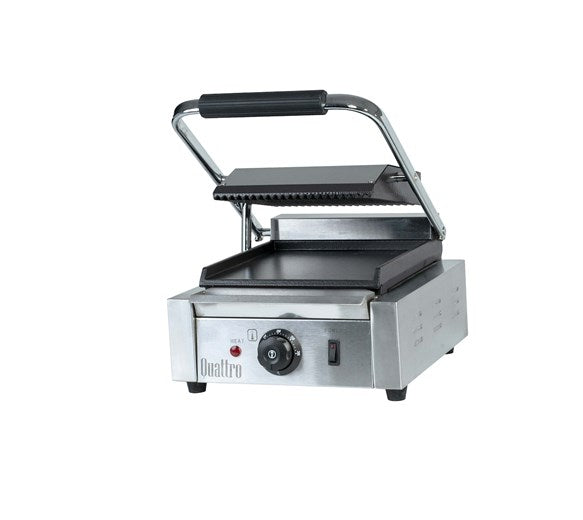 Quattro Heavy Duty Single Panini Contact Grill Ribbed Top and Flat Bottom Plates