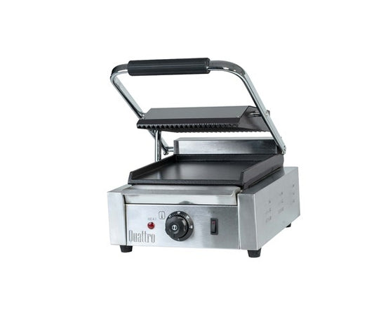 Quattro Heavy Duty Single Panini Contact Grill Ribbed Top and Flat Bottom Plates