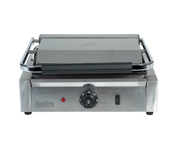 Quattro Heavy Duty Large Single Panini - Contact Grill Ribbed Top - Flat Bottom Plates