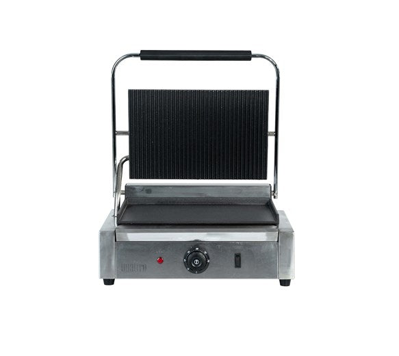 Quattro Heavy Duty Large Single Panini - Contact Grill Ribbed Top - Flat Bottom Plates