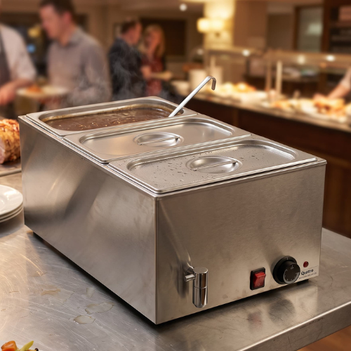 Quattro 1/1 Wet Bain Marie – Drain Tap & 3 x 1/3 GN Pans & Lids Included