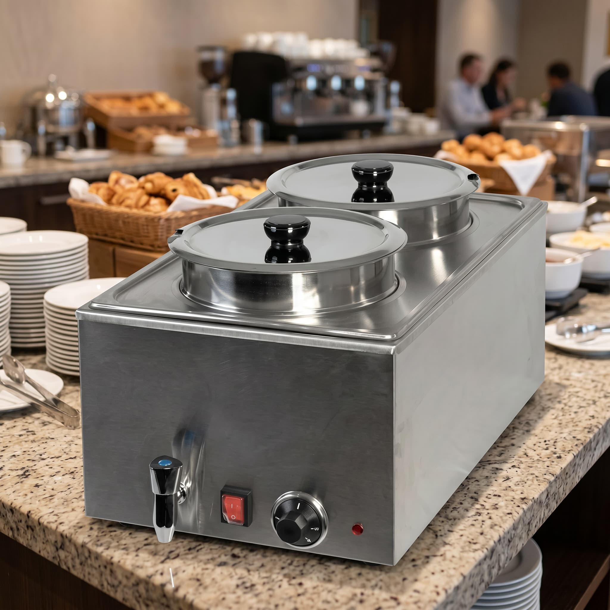 Quattro Twin Pot Round Bain Marie – Drain Tap for Easy Cleaning