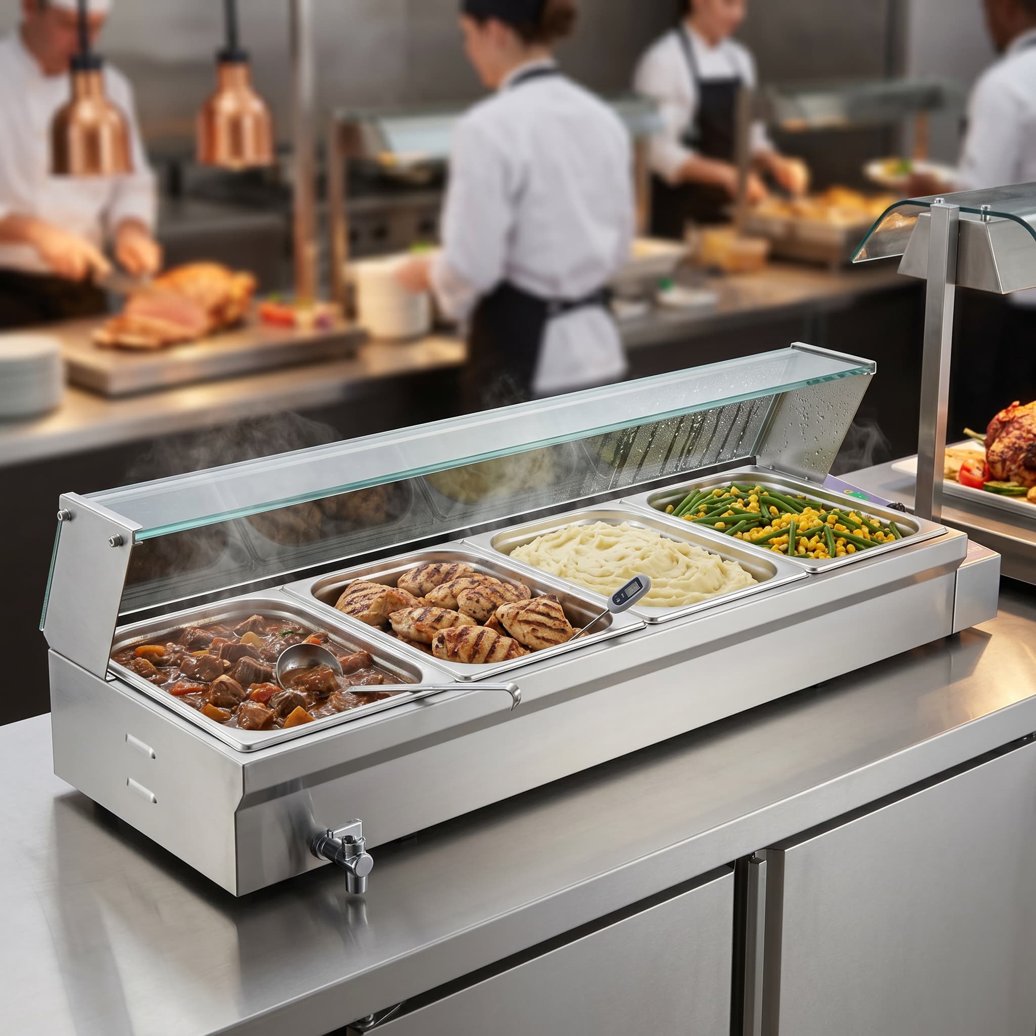 Quattro Bain Marie Heated Display – 4 x 1/2 GN Pans & Lids with Glass Surround