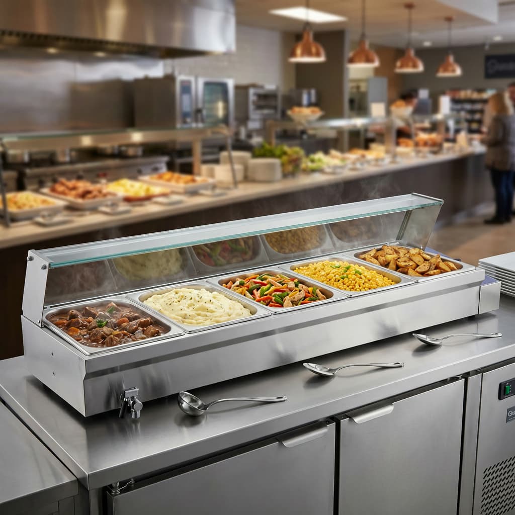 Quattro Bain Marie Heated Display – 5 x 1/2 GN Pans & Lids with Glass Surround