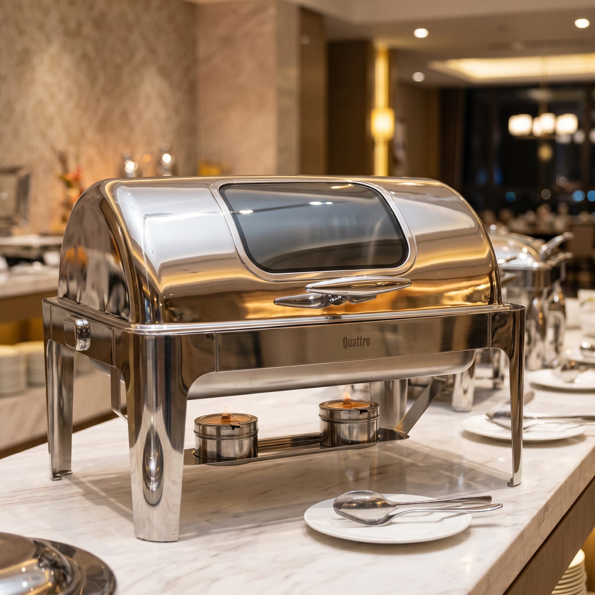 Quattro Roll Top Chafing Dish, Glass Window, 9L, Twin Burners – Premium Buffet Presentation
