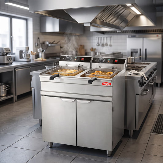 Contender 530mm, 2 x 12L Twin Tank Electric Fryer – Double Output Floor Standing Commercial Fryer