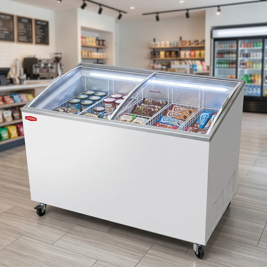 Contender 390L Ice Cream Freezer – Curved Sliding Glass Lid for Display & Easy Access