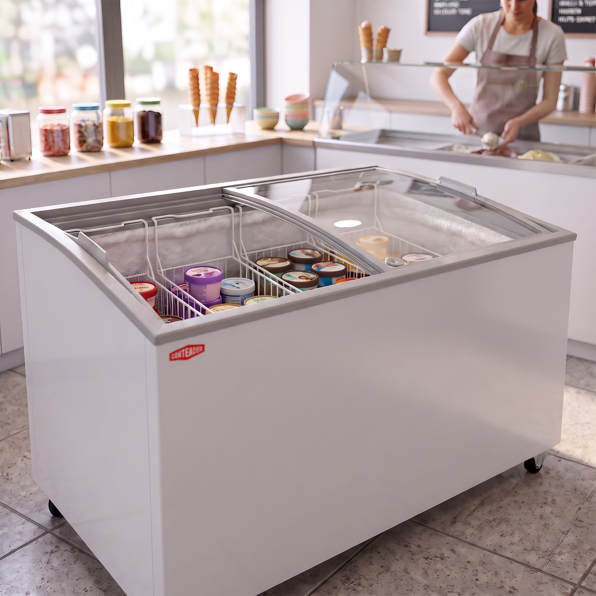 Contender 482L Ice Cream Freezer – Curved Sliding Glass Lid for Display & Easy Access