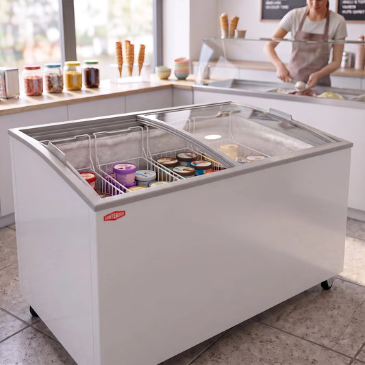 Contender 482L Ice Cream Freezer – Curved Sliding Glass Lid for Display & Easy Access