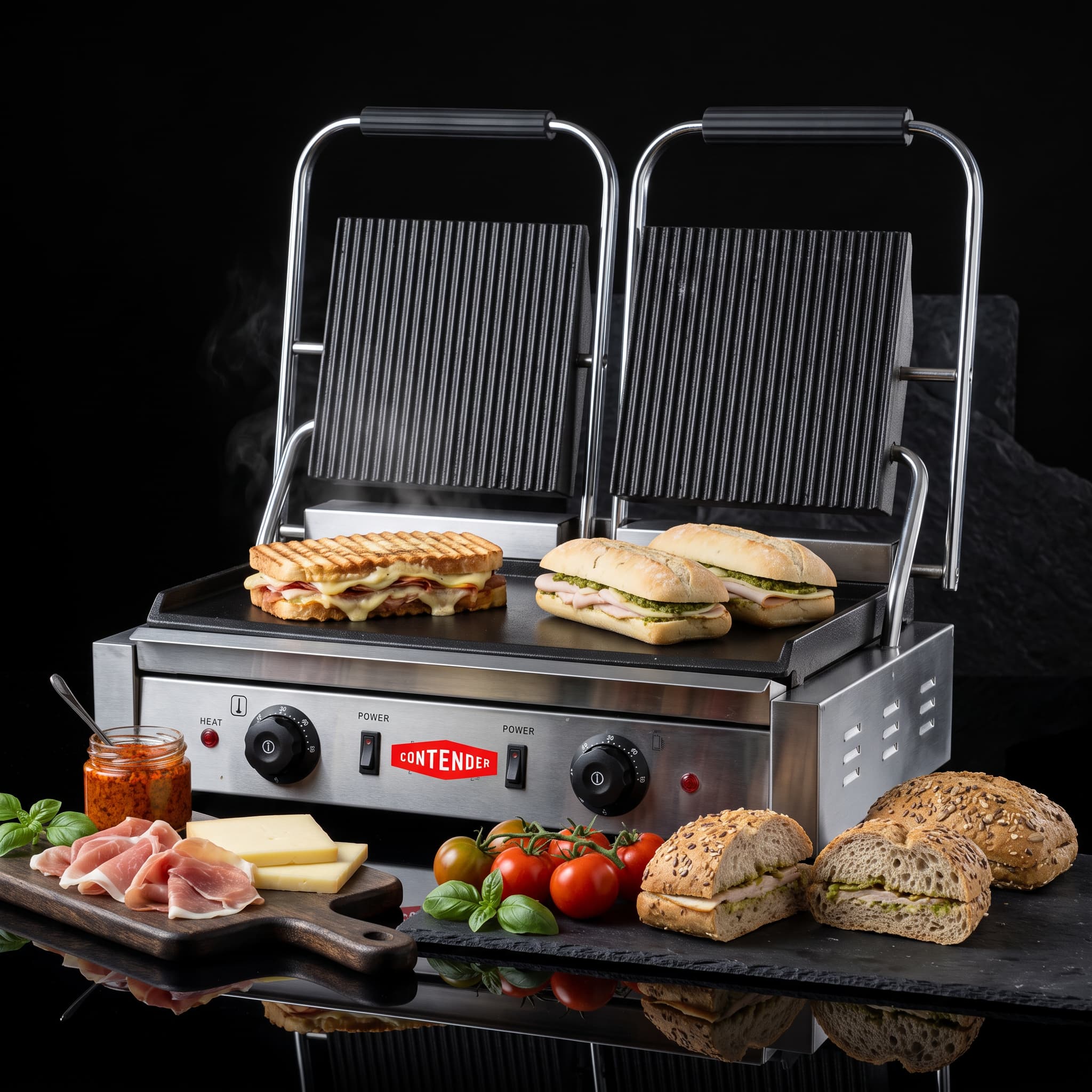 Contender 395mm Twin Panini Press (Ribbed Top & Flat Base) – Heavy Duty Grilling & Fast Service