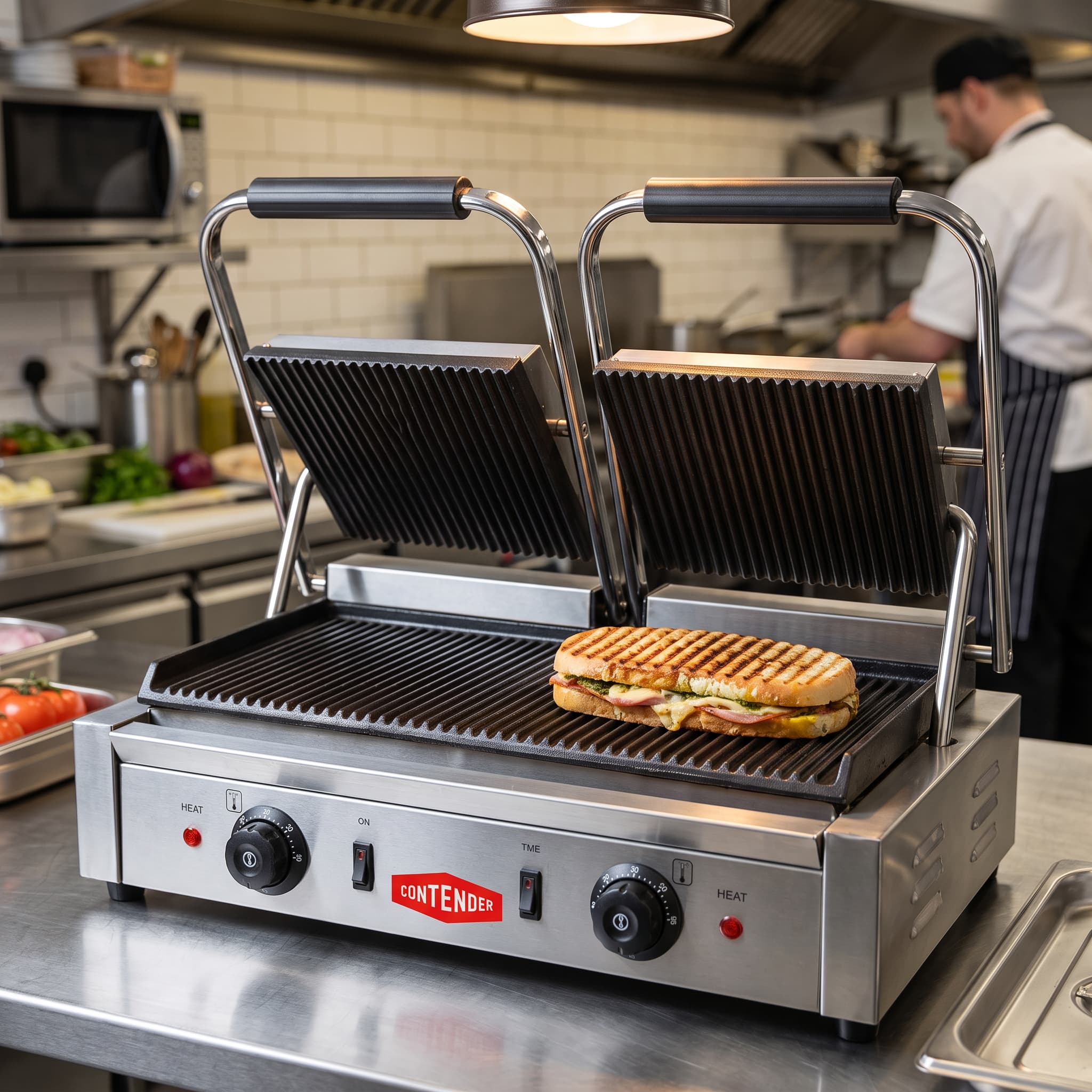 Contender 395mm Twin Panini Press (Ribbed Top & Bottom Plates) – High-Capacity Grilling & Fast Service