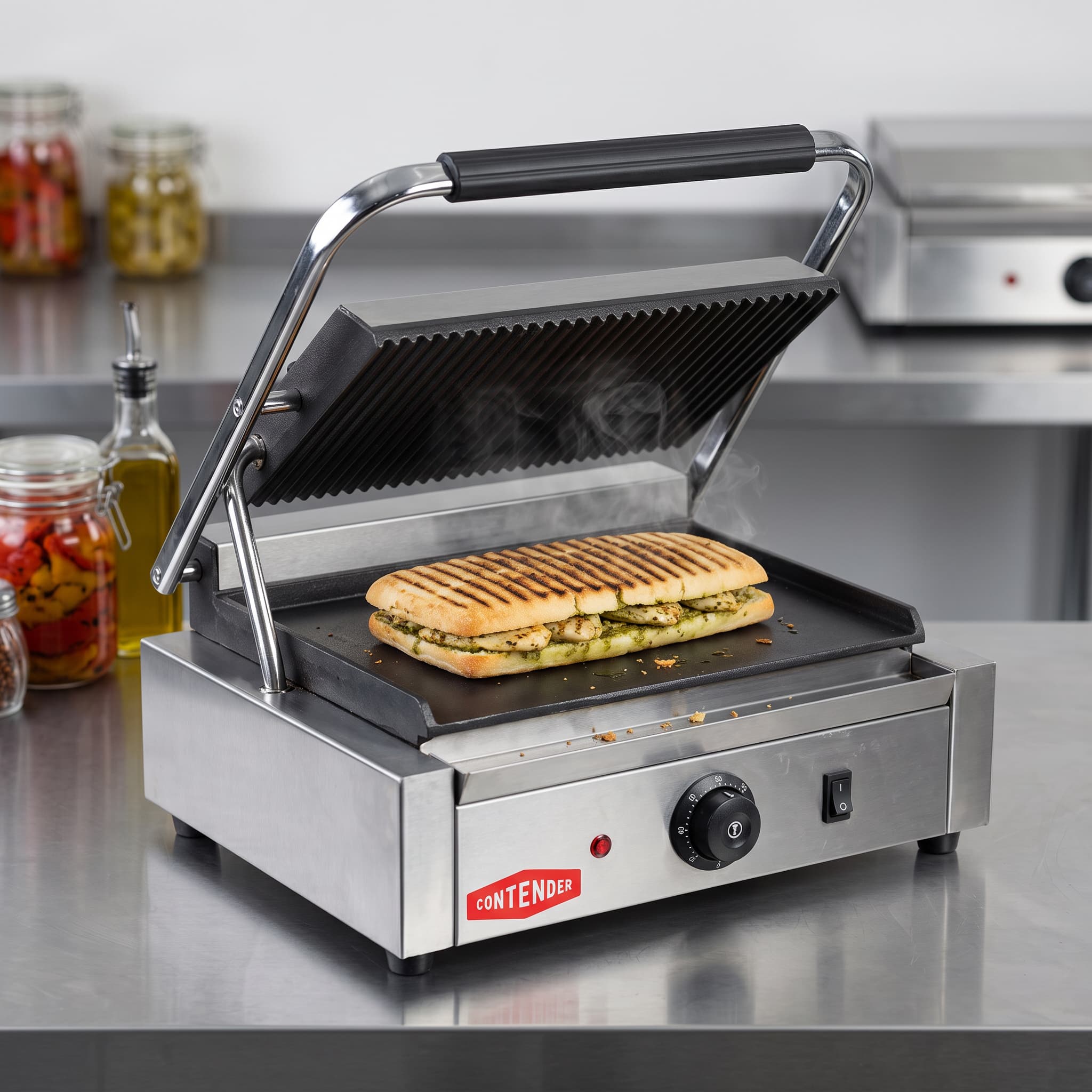 Contender 395mm Single Panini Press (Ribbed Top & Flat Base) – Versatile Grilling & Fast Service
