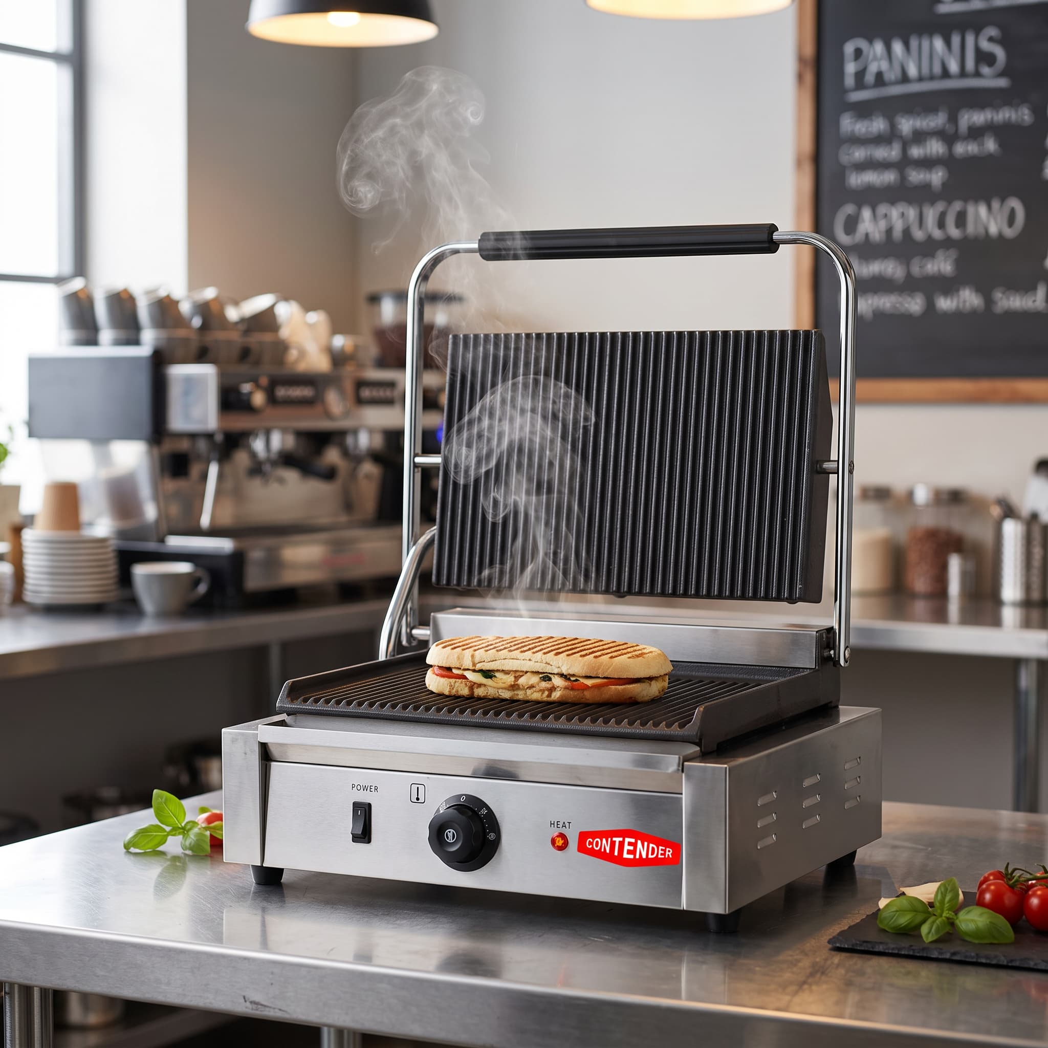Contender 395mm Single Panini Press (Ribbed Top & Bottom Plates) – Heavy Duty Grilling & Fast Service