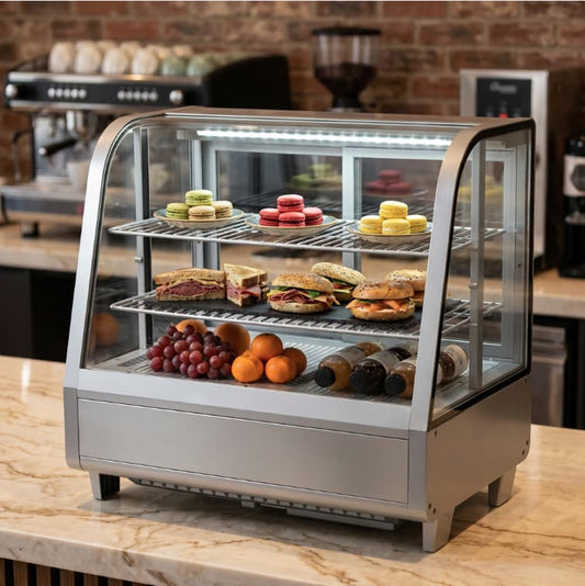 Contender 100L Curved Glass Refrigerated Countertop Display – Forced Air, LED Lit, Silver Finish