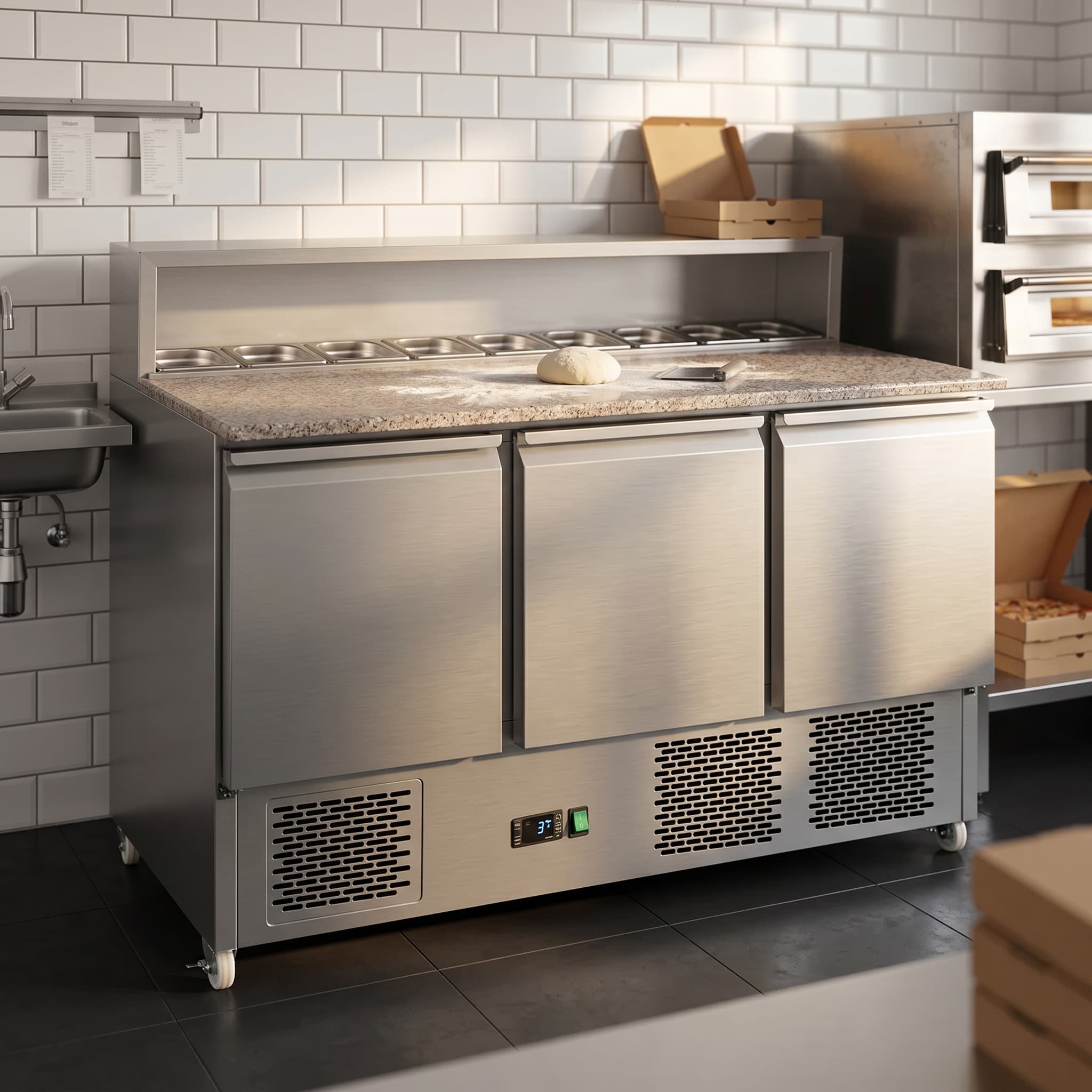 Contender 3 Door Refrigerated Pizza & Sandwich Prep Counter (8 × 1/6 GN) – Efficient Food Prep & Chilled Storage