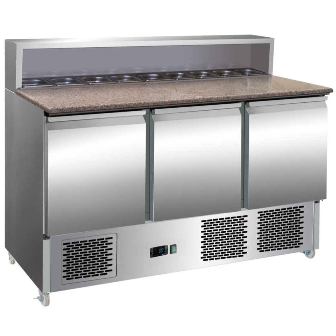 Contender 3 Door Refrigerated Pizza & Sandwich Prep Counter (8 × 1/6 GN) – Efficient Food Prep & Chilled Storage