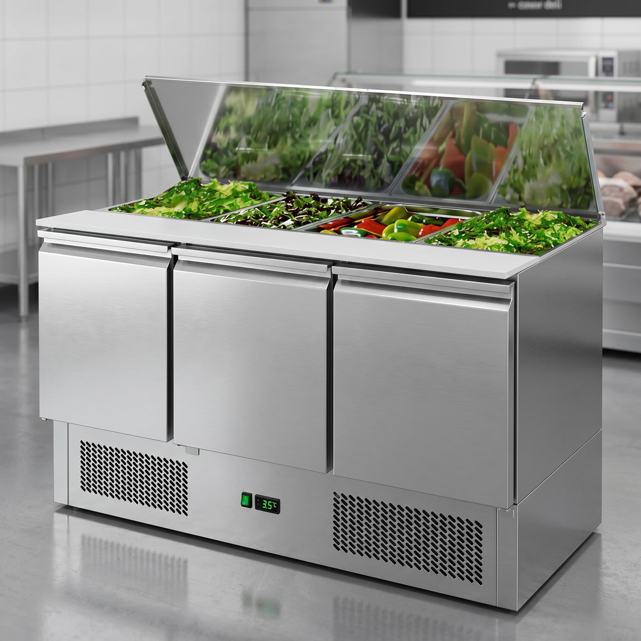 Contender 3 Door Refrigerated Prep Counter (Saladette & Lift-Up Lid) – Fresh Ingredient Prep & Chilled Storage