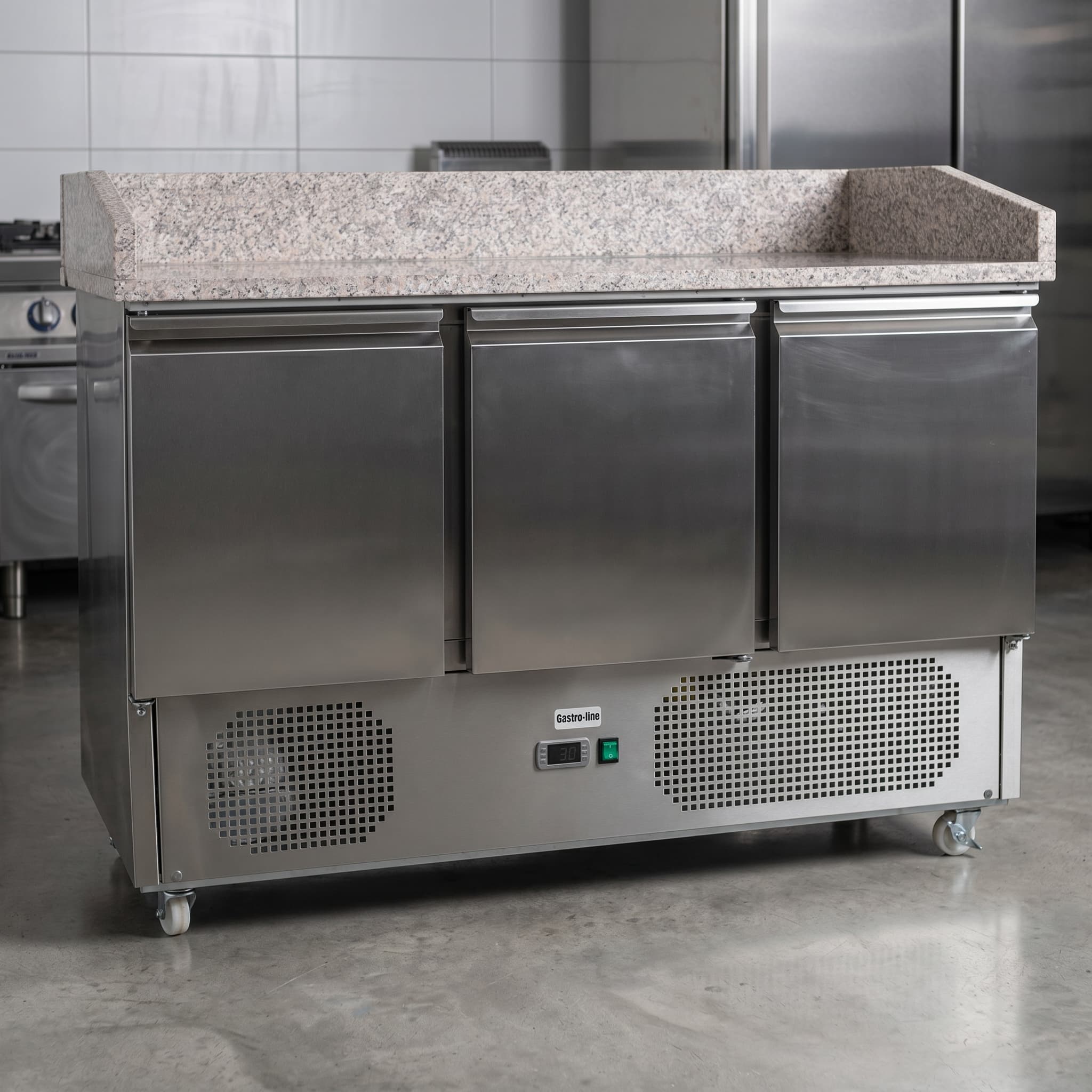 Contender 3 Door Refrigerated Prep Counter (Granite Top) – Premium Pizza Prep & Chilled Storage