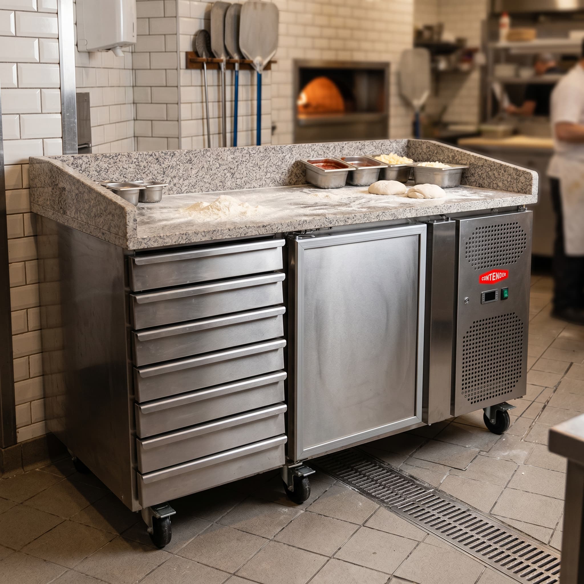 Contender 1 Door Refrigerated Prep Counter (Granite Top & 7 Dough Drawers) – Efficient Food Prep & Chilled Storage