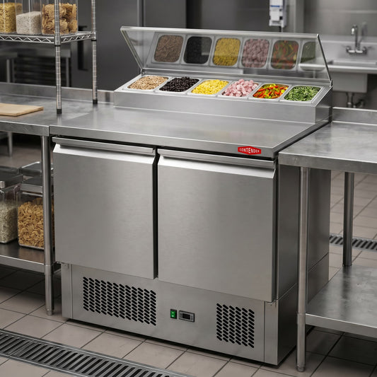 Contender 2 Door Refrigerated Pizza & Sandwich Prep Counter (5 × 1/6 GN Capacity) – Efficient Food Prep & Chilled Storage