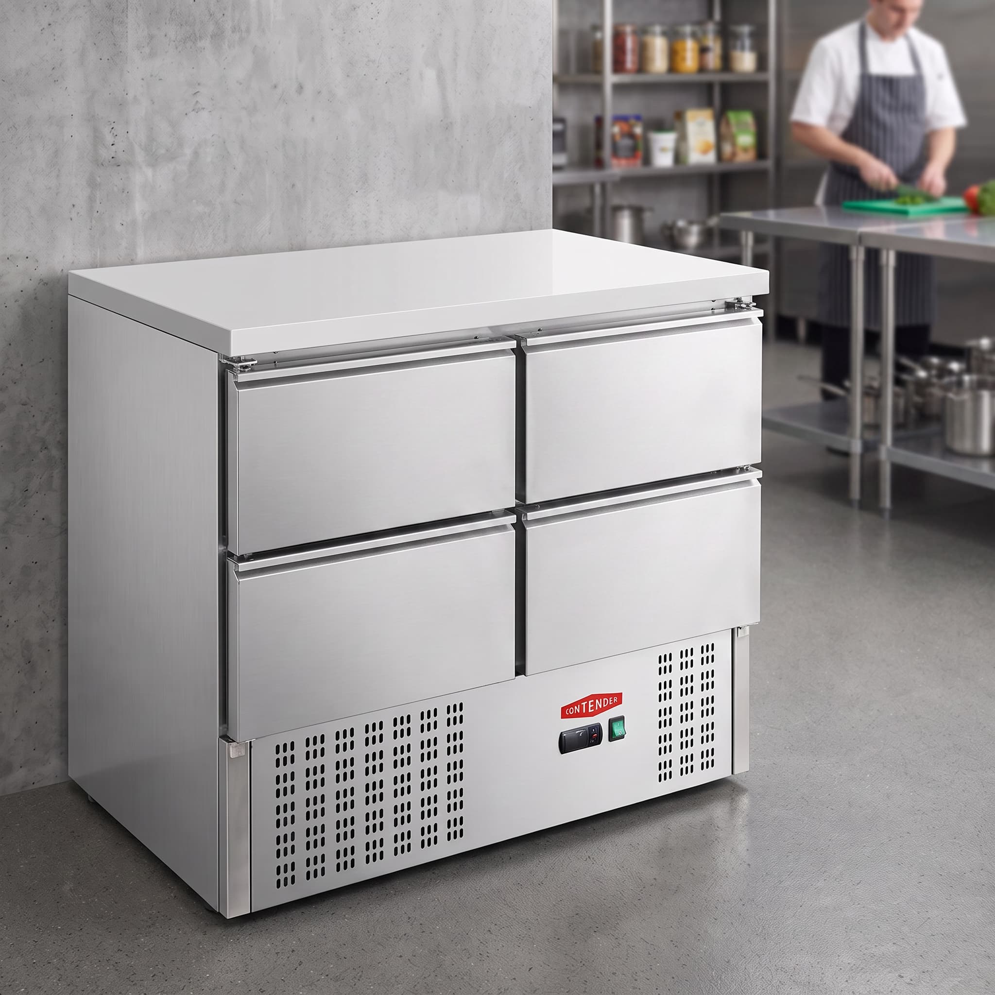 Contender 900mm 4-Drawer Refrigerated Prep Counter – 220L Capacity for High-Volume Prep