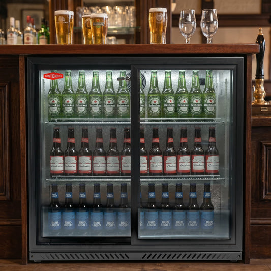 Premium Contender 216L Commercial Double Door Drinks Fridge - Sliding Doors
