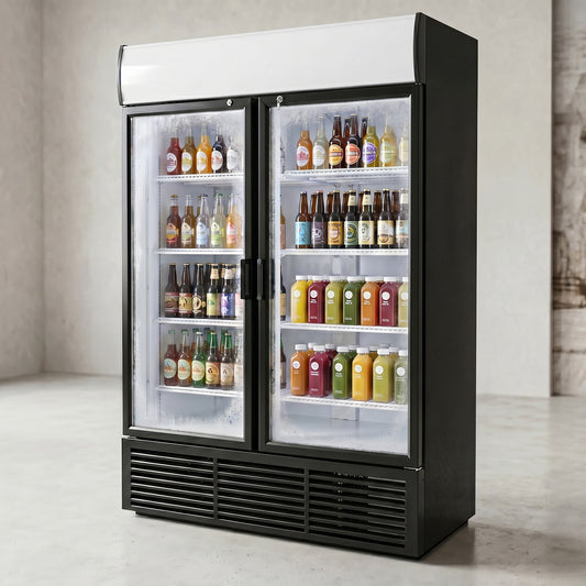 Contender 783L Double Glass Door Fridge (Hinged) - High-Volume Display Storage